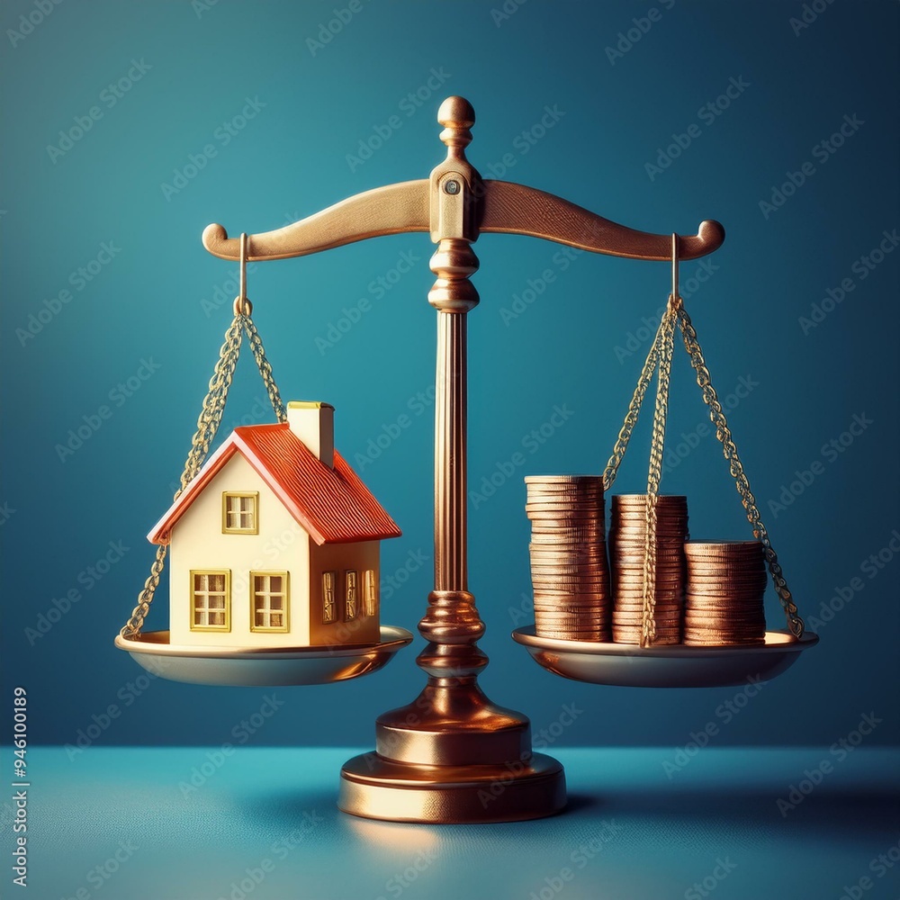 Wall mural Scales with house and stack of coins on blue background, real estate market concept, Generative AI