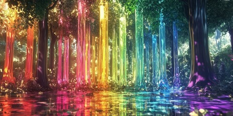 Rainbow glow emanating from trees in a forest.