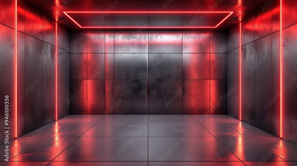 Poster grey steel room interior design features empty modern space with red neon lights illuminating blank 