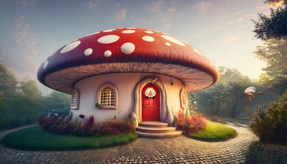 A charming, fairytale-like house designed to resemble a giant red and white mushroom. The building has a whimsical, rounded shape with a large red cap roof adorned with white spots, mimicking a classi