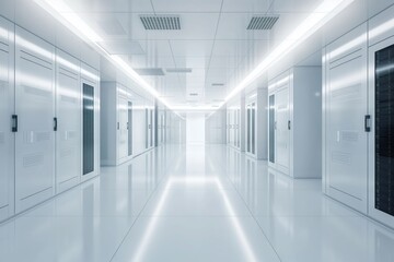 Fototapeta premium Modern server room interior design with rows of high-tech servers, computers. Bright, minimalist aesthetic create clean, efficient work environment. Data storage, cloud computing solutions on display.