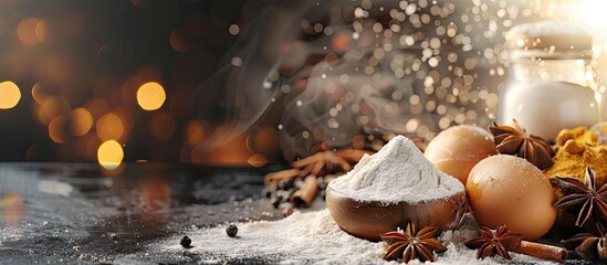 Ingredients for cooking and baking flour eggs brown sugar and spices. Copy space image. Place for adding text and design