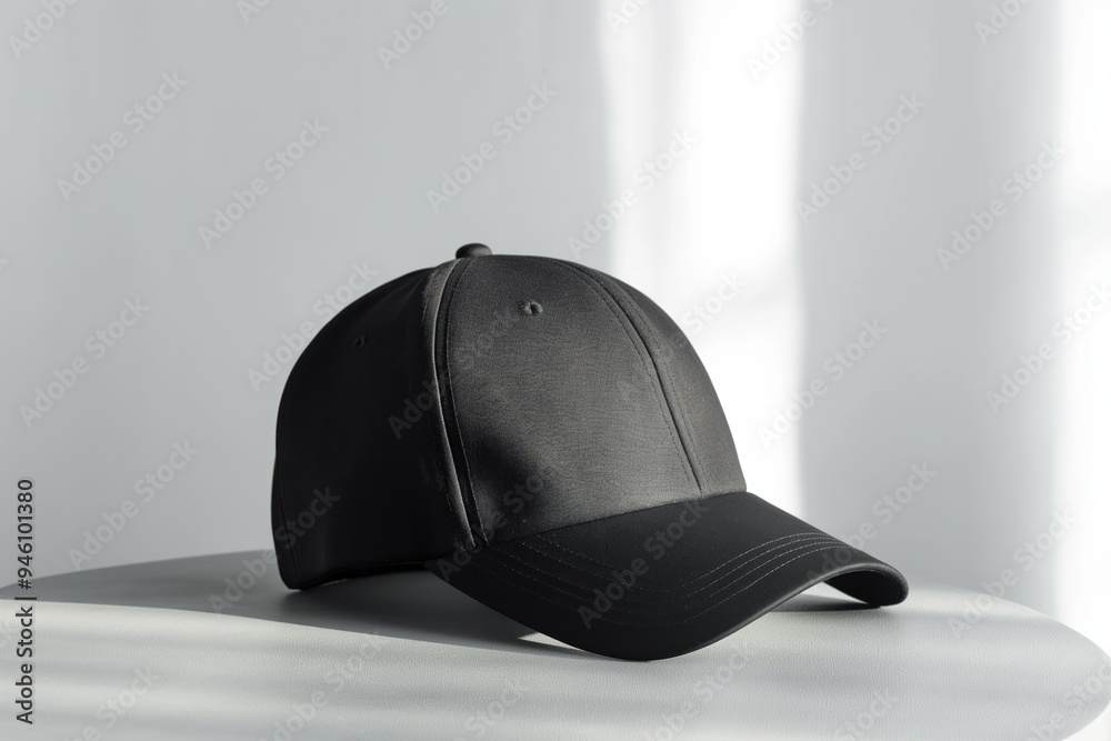 Poster black cap on a table against a white background. simple design mockup for branding and advertising. 
