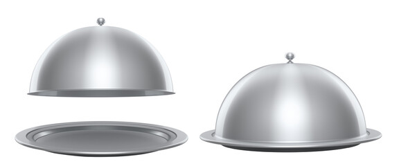 Set tray with cloche ready to serve isolated on white background. 3d render service, restaurant, horeca and first class service concept