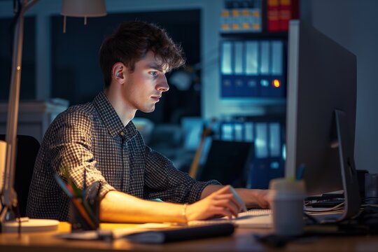 Young male employee works in office at night. Businessman sits at desk, laptop open, papers scattered. Overworked, tired, stressed, deadline to meet, report to finish.