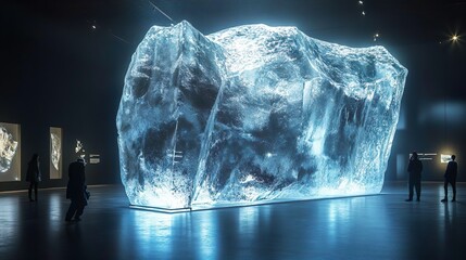 Detailed ice sculpture illuminated from within, glowing warmly in the midst of a winter wonderland