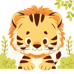 Cute tiger face, a simple flat illustration style with bright colors and a white background