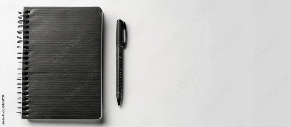 Poster notebook pen and book placed on a white background. copy space image. place for adding text and desi