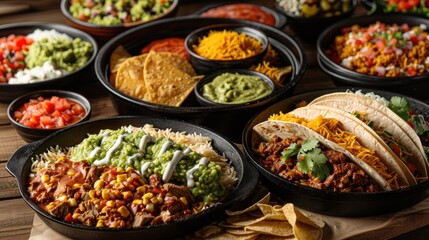 Obraz premium Colorful assortment of tacos, rice, guacamole, and salsas celebrating a Mexican fiesta gathering