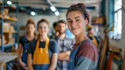 A group of students, wearing overalls and smiling, stand together in a workshop setting