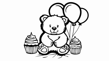 Cute teddy bear with balloons and cupcakes