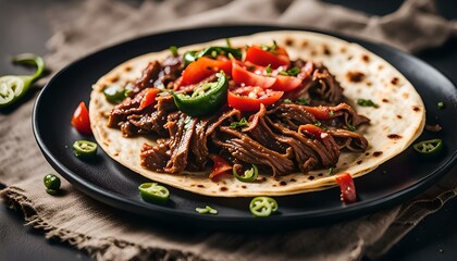 Tortilla with pulled beef meat, onion and tomato serving on black plate with humus and jalapeno pepper.