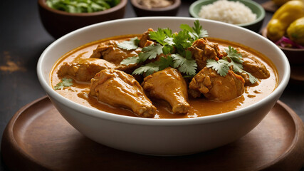 Delicious chicken curry served in a white plate, garnished with cilantro, accompanied by rice bowls.