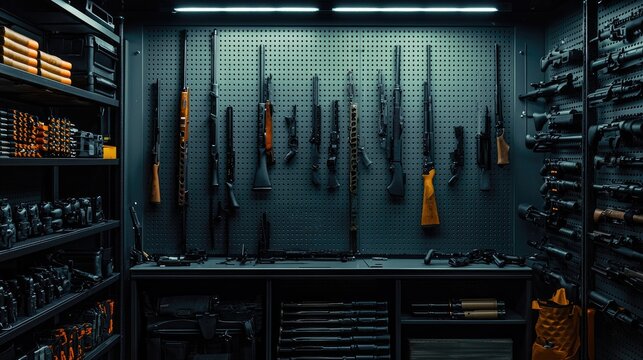A neatly organized display of various firearms and weapons in a secured armory.