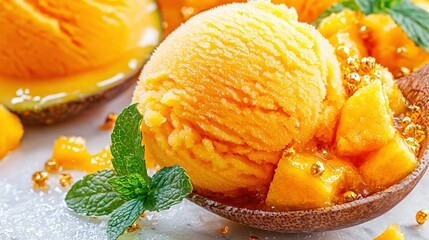   A scoop of ice cream rests in a wooden bowl surrounded by oranges and mint, sprinkled with sugar