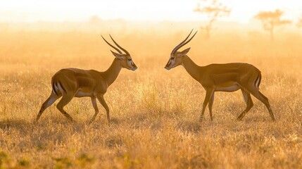 Fototapeta premium A pair of antelopes playfully sparring with their horns in the early morning light.