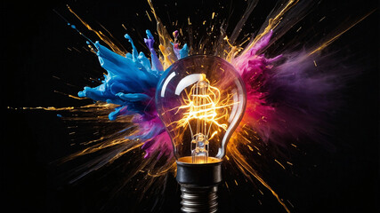 Dynamic light bulb with vibrant splashes of colors representing creativity and innovative ideas.