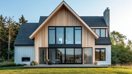 Fototapeta premium Modern house with wooden accents and large windows, surrounded by greenery.