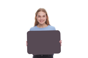 Woman holding a blank billboard isolated on white background