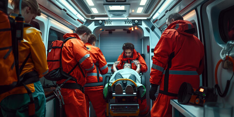 A group of paramedics in an ambulance, providing emergency medical care to a patient, with medical equipment and a sense of urgency.