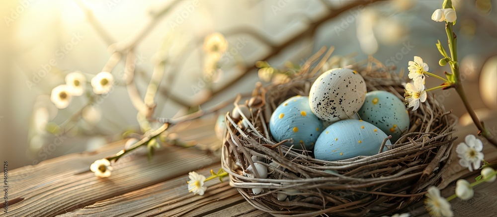 Wall mural Flat lay arrangement of a wicker nest featuring painted Easter eggs and pussy willow on a wooden table with space for text. Copy space image. Place for adding text and design