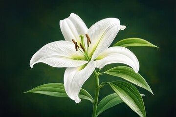 Fototapeta premium A stunning white lily flower with lush green leaves, showcasing delicate petals against a dark background, perfect for nature themes.