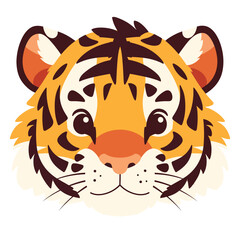Cute tiger face, a simple flat illustration style with bright colors and a white background