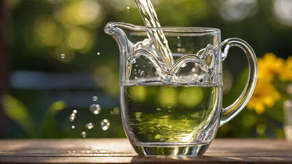 A clear glass pitcher pouring water with sunlight creating a refreshing and natural outdoor scene image