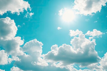 Sun shining through the puffy clouds. Sky view. Beautiful sunny sky. Background with clouds on blue sky. Clouds on blue sky , ai