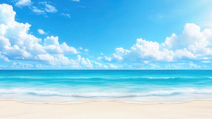 Fototapeta premium Serene Coastal Daylight Scene, tranquil seaside with gentle waves, soft clouds drifting above, vibrant blue sky, inviting atmosphere, perfect for relaxation or inspiration