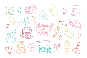 A set of hand-drawn kitchen baking tools. Cute cooking and baking elements and pastries. Hand-drawn illustration