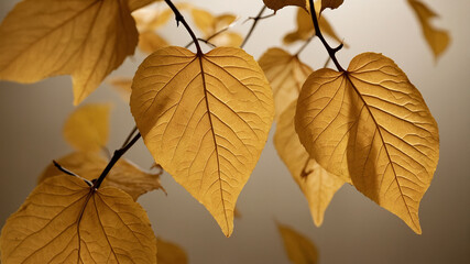 Obraz premium Close-up photography of yellow autumn leaves with detailed veins on a neutral gray background surface.