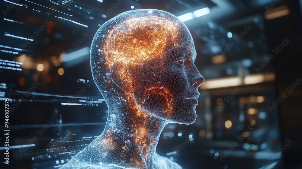 Poster a holographic representation of a virtual twin is on display, highlighting intricate neural patterns