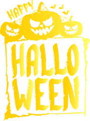 Happy Halloween text Banner or label. Vector halloween calligraphic text label with scary pumpkin isolated on white background. Halloween banner design template