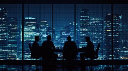 A business meeting in progress at night, with the city skyline visible through the window.