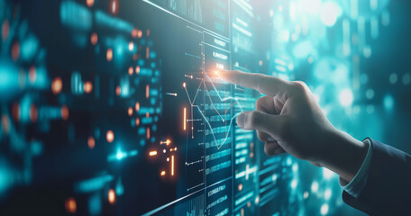 Close up of business professional hand pointing at glowing mathematical formula graph.