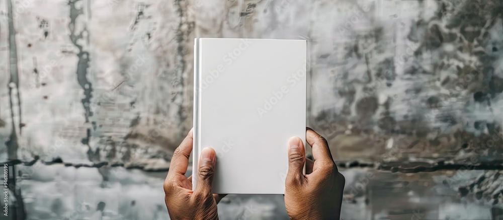 Poster white book in hand. copy space image. place for adding text and design