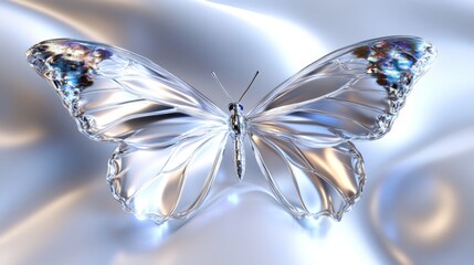 Gleaming chrome effect butterfly resting on a soft surface in a tranquil setting