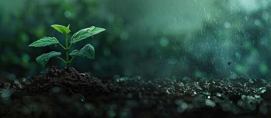 New green plant in rich soil during rainfall area for text. Copy space image. Place for adding text and design