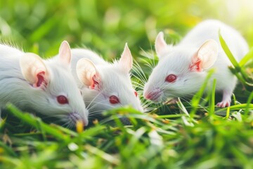 Banner mock up with three white albino laboratory mouse sitting in green grass. Cute little rodent muzzles close up, pet animal and veterinary concept.