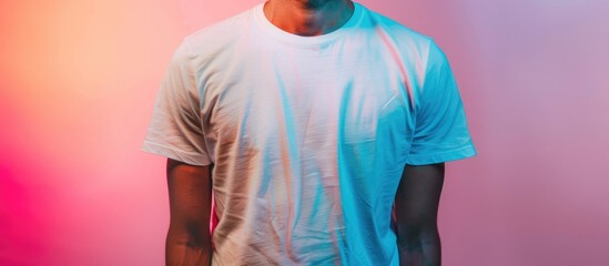 Man wearing a fashionable t shirt against a colorful backdrop. Copy space image. Place for adding text and design
