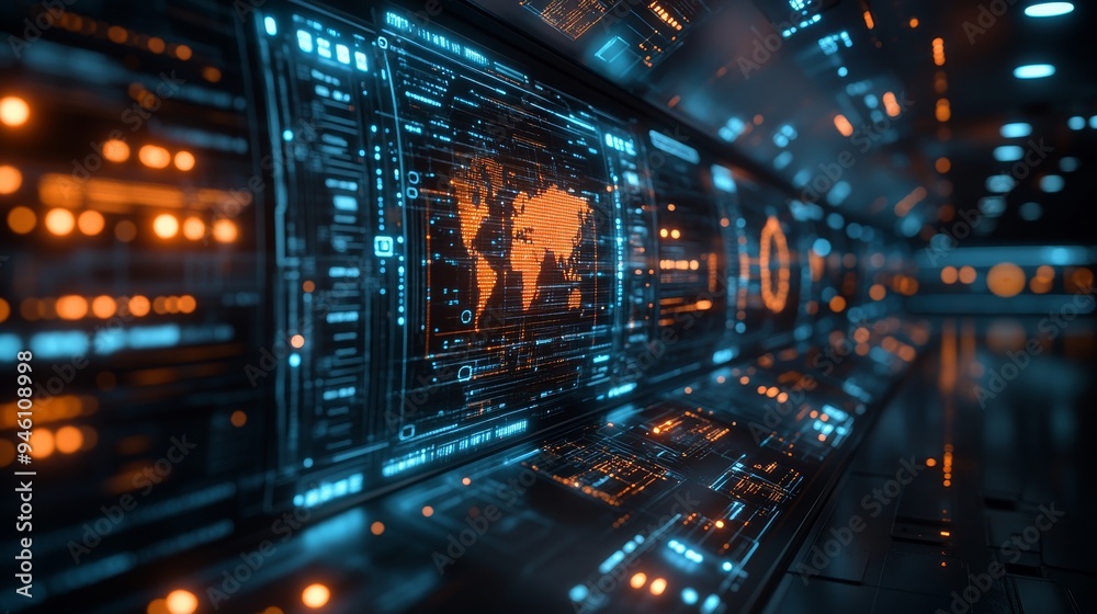 Poster a futuristic holographic display showcases global communication networks with a world map and intera