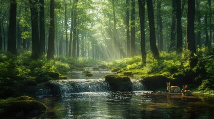 A secluded forest clearing with a small brook, rabbits resting under trees, vibrant green foliage, light mist adding to the peaceful atmosphere