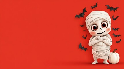 Cute cartoon mummy character with a pumpkin and bats on a vibrant red background, perfect for Halloween themes.