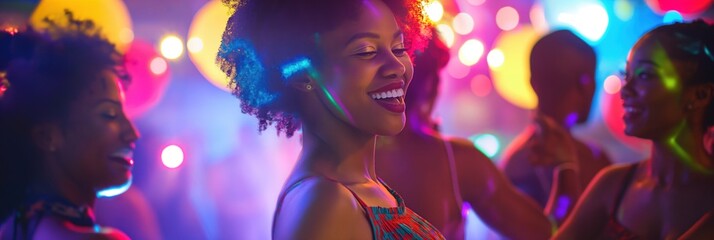 African American woman dancing with friends on nightclub dance floor under colorful lights. Vibrant atmosphere, joyful moment of party, nightlife photography. Medium shot with main subject to left,