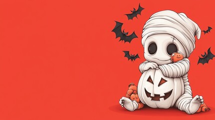 A cute Halloween illustration featuring a mummy character hugging a pumpkin, surrounded by bats against a vibrant red background.