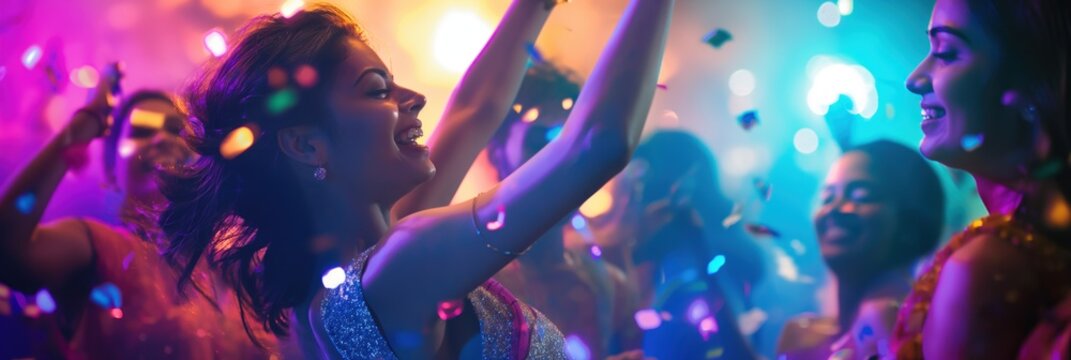 Lively party scene of South Asian woman dancing with friends on nightclub dance floor. Colorful lights shine bright on joyful faces in vibrant atmosphere.