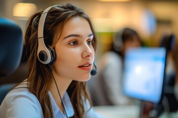 Young woman wearing headset works in call center office. Female customer service agent interacts with client on phone. Beautiful businesswoman uses computer for communication.