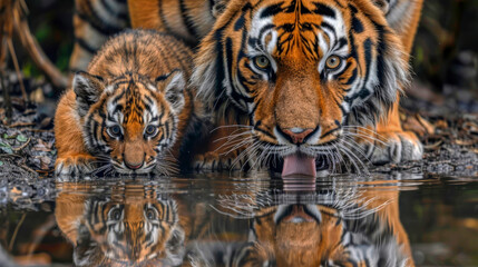 Obraz premium Tiger and cub drinking in stream