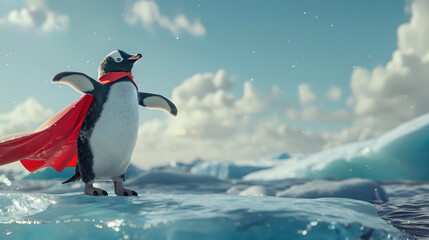 Fototapeta premium Penguin, a superhero, is ready to go out and defend justice in a red cape.